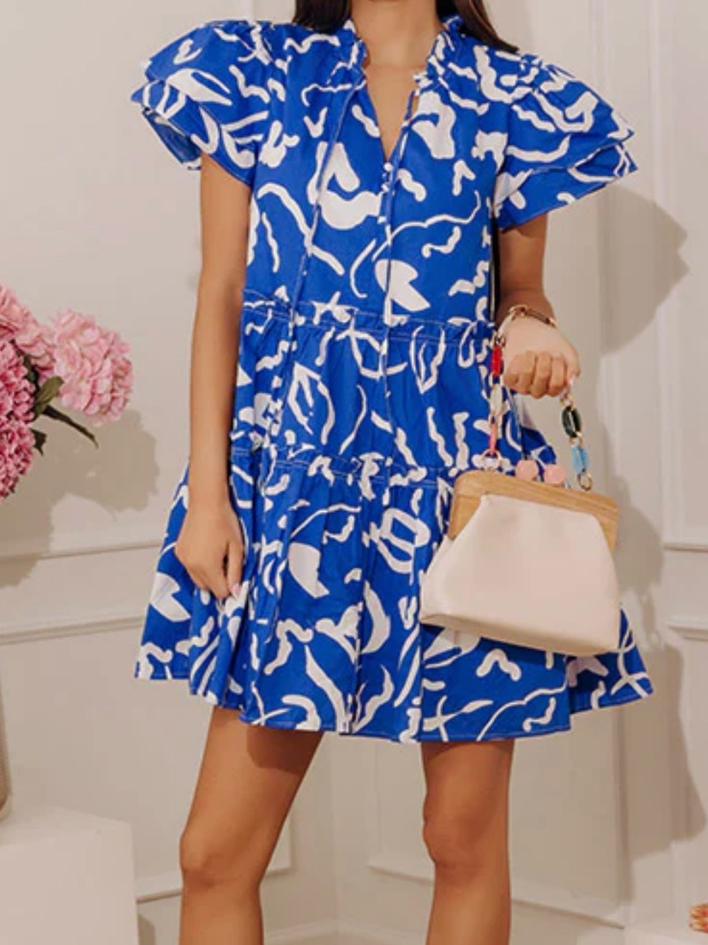& Merci Blue & White Abstract Print Short Sleeve Tiered Dress